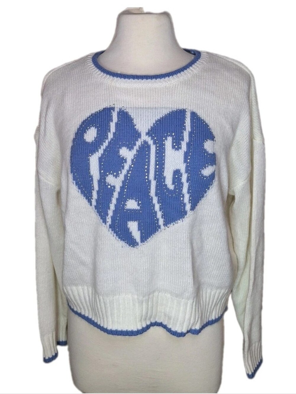 No Comment Peace Heart Rhinestone Cropped Sweater Sz XL Crew Neck Jersey Style